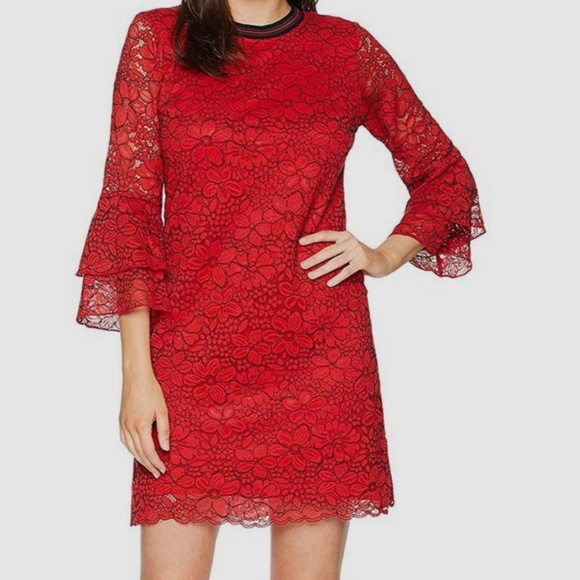 $498 EUC Hale Bob Red Lace Flare Sleeve Shift Dress Size SMALL - Picture 1 of 5